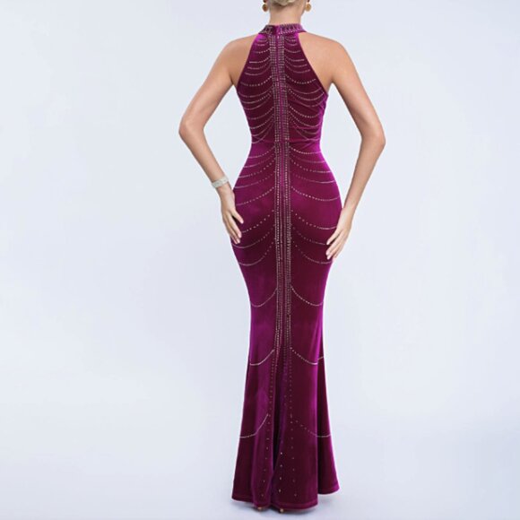 NWT Halter Neck Rhinestone Mermaid Gala Dress Plum - Picture 4 of 4
